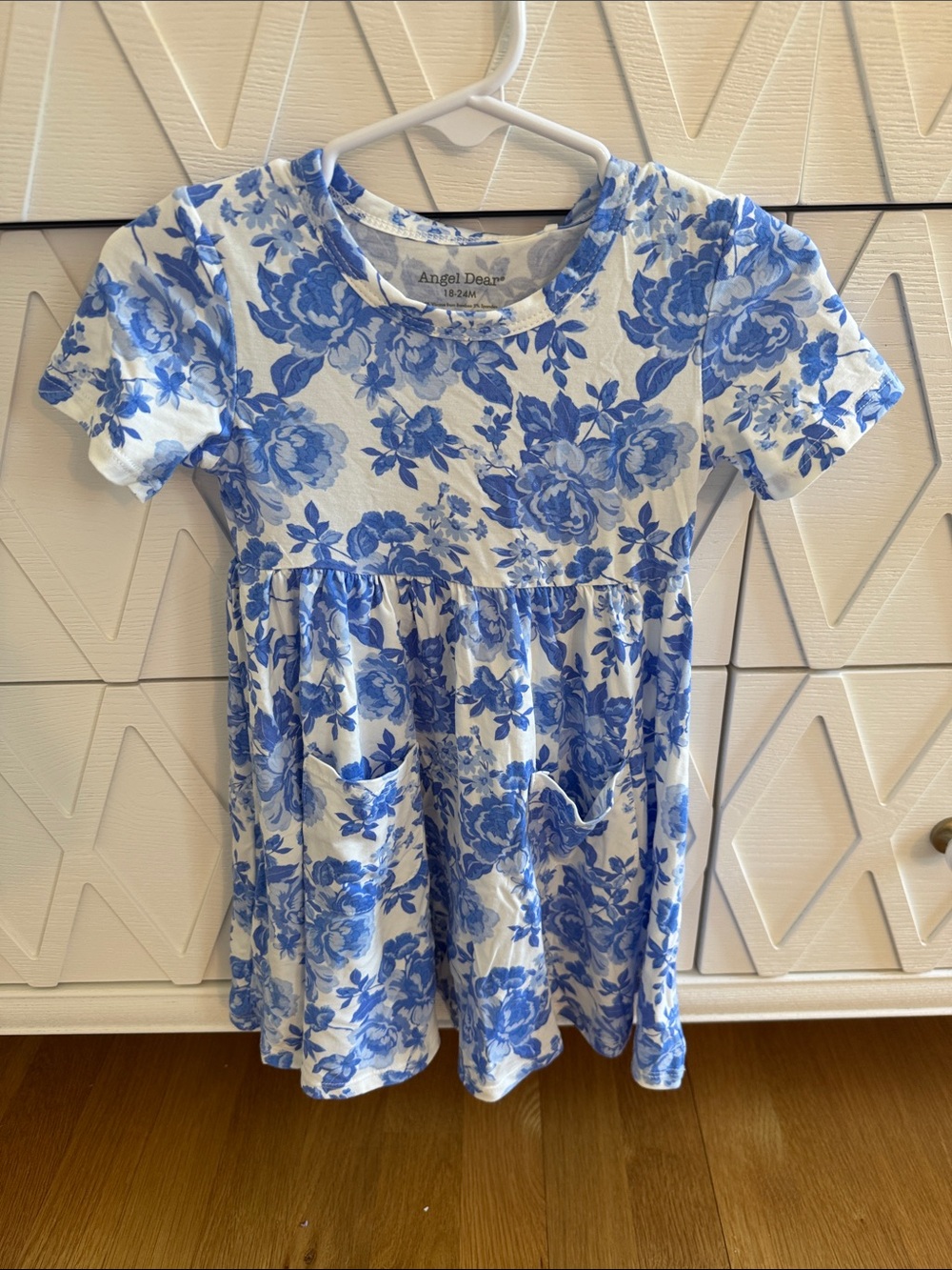 Angel Dear White Dress with Blue Floral Print and Pockets